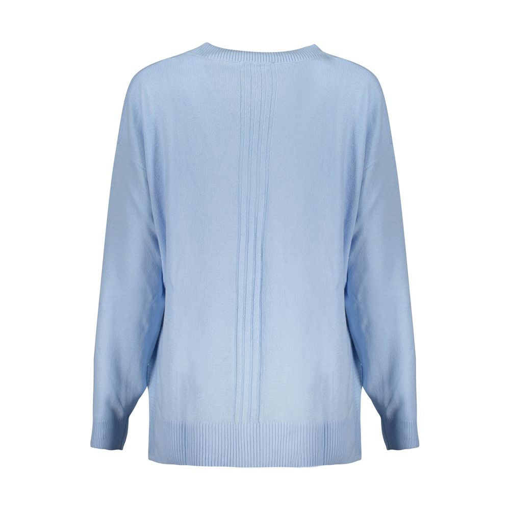 Guess Jeans Blue Cotton Sweater, long sleeved V-neck with contrasting details and logo on back view.