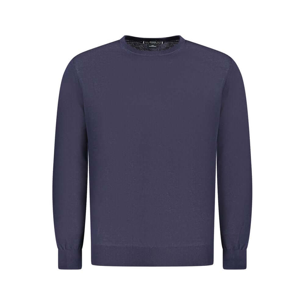 Guess Jeans Blue Wool Sweater, long-sleeved crew neck with logo detail ideal for fashion-forward individuals seeking style and comfort.