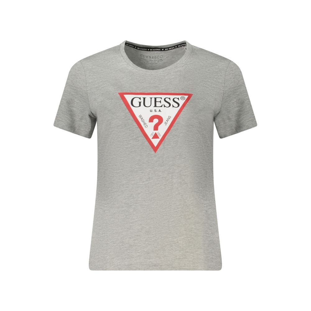 Guess Jeans Gray Organic Cotton Women Top with logo, crew neck, short sleeves. Stylish and eco-friendly fashion. Perfect for casual wear.