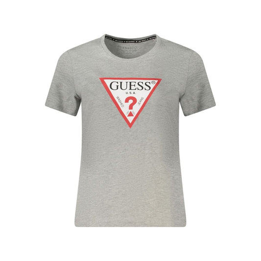 Guess Jeans Gray Organic Cotton Women Top with iconic logo, short sleeves, and crew neck. Eco-friendly fashion choice.