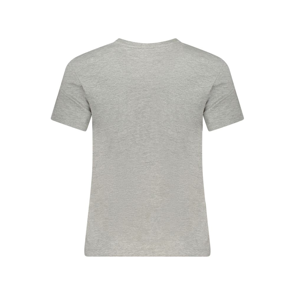 Back view of Guess Jeans Gray Organic Cotton Women Top featuring short sleeves and a crew neck, highlighting eco-friendly casual fashion.