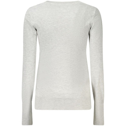 Back view of Guess Jeans Gray Viscose Women Sweater with long sleeves and crew neck, featuring stylish rhinestone details.