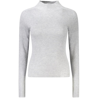 Guess Jeans Gray Wool Women Sweater with high-neck design, rhinestone logo, and luxurious wool-polyester-cashmere blend for stylish comfort.