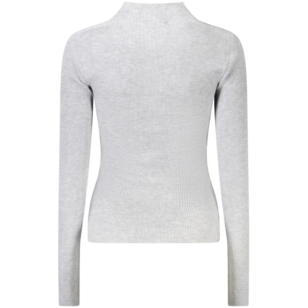 Back view of Guess Jeans Gray Wool Women Sweater with high-neck design and rhinestone logo embellishments for a bold, sophisticated look.