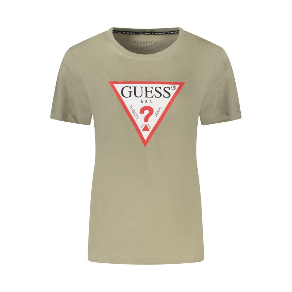 Guess Jeans Green Cotton Women T-Shirt with bold logo, sustainable organic cotton short sleeves, crew neck fashion statement.