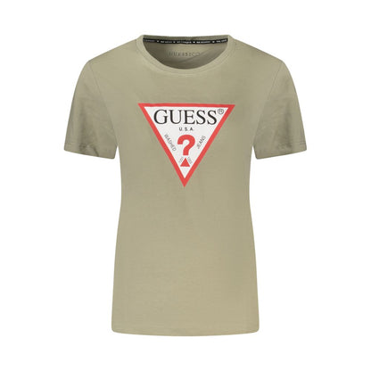 Guess Jeans Green Cotton Women T-Shirt with bold logo, sustainable organic cotton short sleeves, crew neck fashion statement.