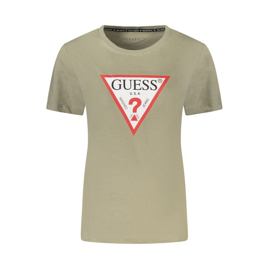 Guess Jeans Green Cotton Women T-Shirt with logo and crew neck design, crafted from organic cotton for sustainable fashion.