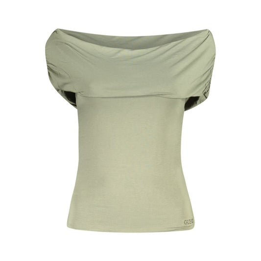 Guess Jeans Green Modal Women T-Shirt with off-shoulder design and rhinestone logo