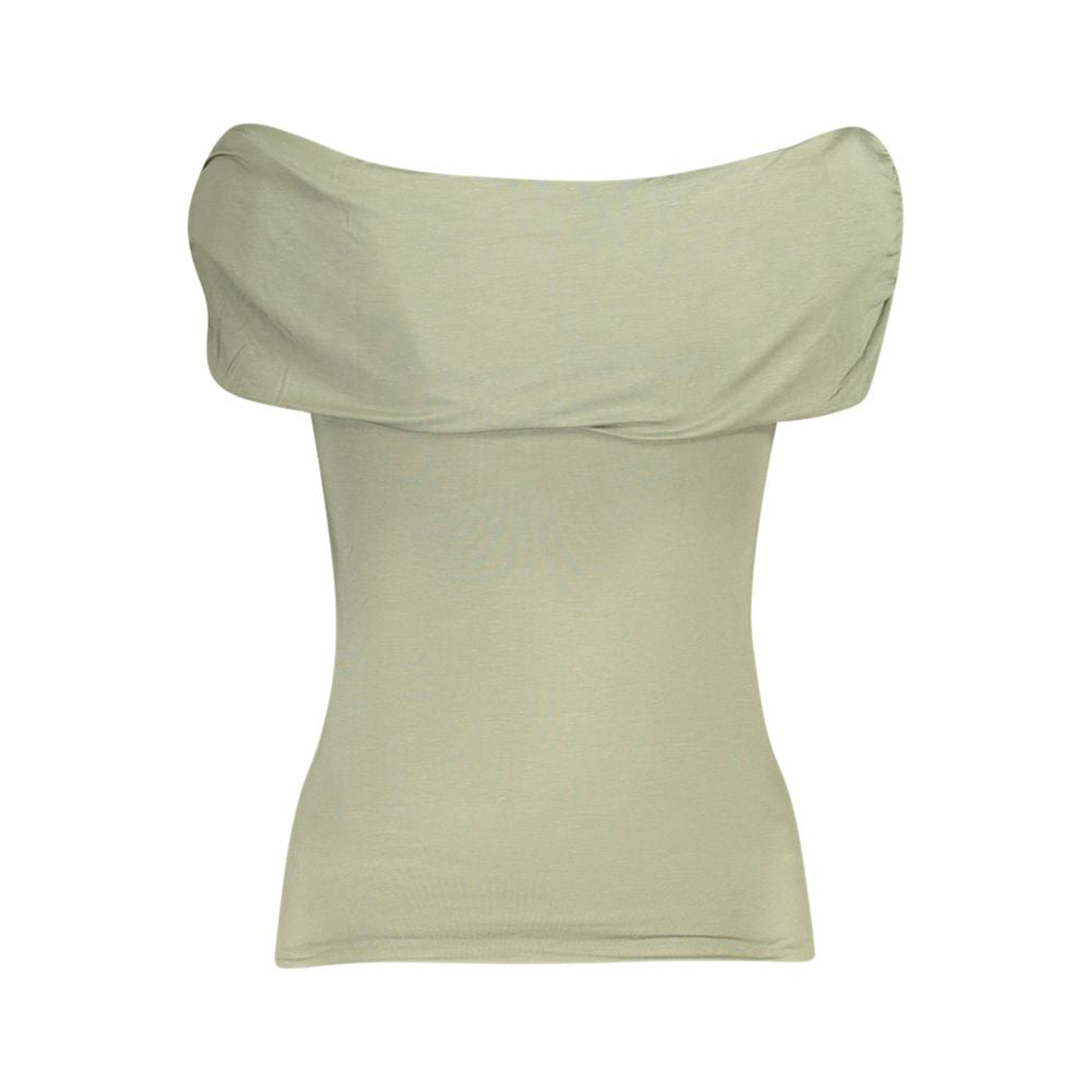 Guess Jeans Green Modal Women T-Shirt with off-the-shoulder design and rhinestone logo, highlighting its stylish and flattering fit.