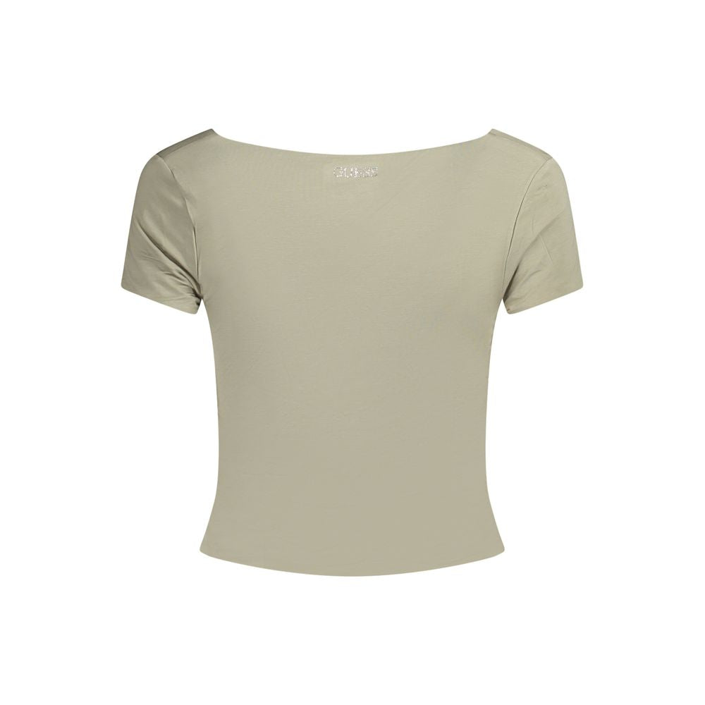 Guess Jeans Green Modal Women Top with short sleeves and sweet neckline, featuring iconic logo. Perfect blend of comfort and style.