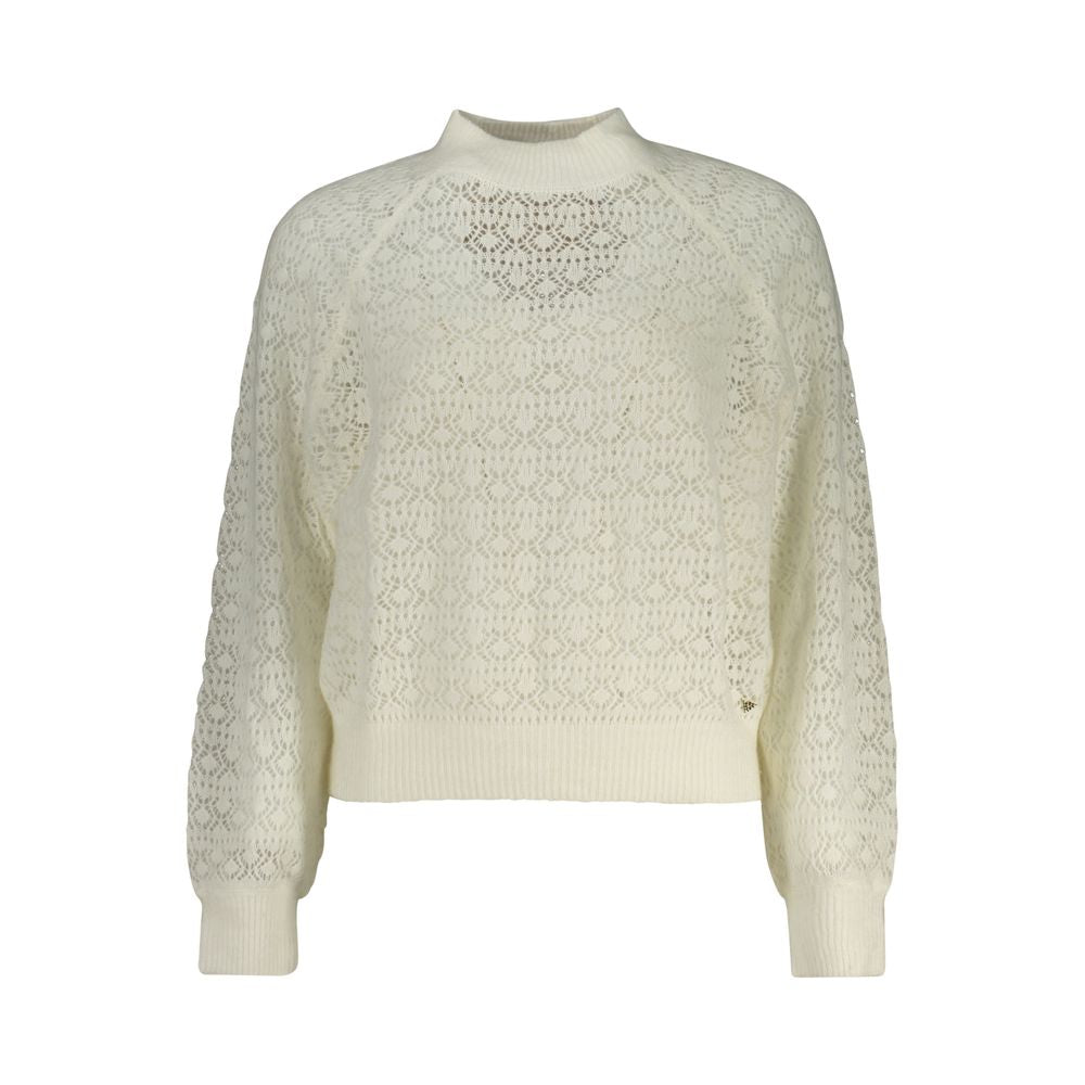 Guess Jeans White Alpaca Women Sweater with turtleneck and long sleeves, featuring Guess logo, made from alpaca leather, polyamide, and lyocell.