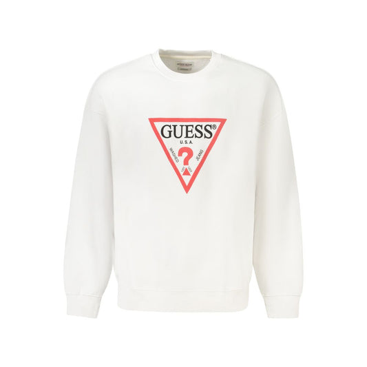 Guess Jeans White Cotton Men's Sweater with iconic logo, oversized long sleeve sweatshirt made of organic cotton blend
