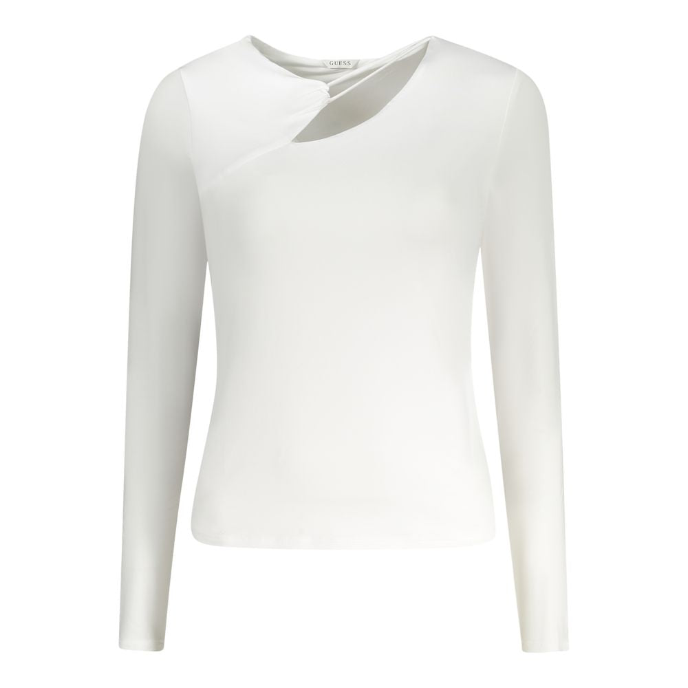 Guess Jeans White Polyester Women T-Shirt with long sleeves and crew neck, featuring the iconic Guess logo for a chic look.