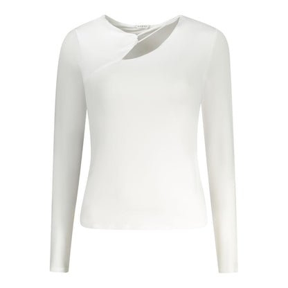 Guess Jeans White Polyester Women T-Shirt with long sleeves and crew neck, featuring the iconic Guess logo for a chic look.