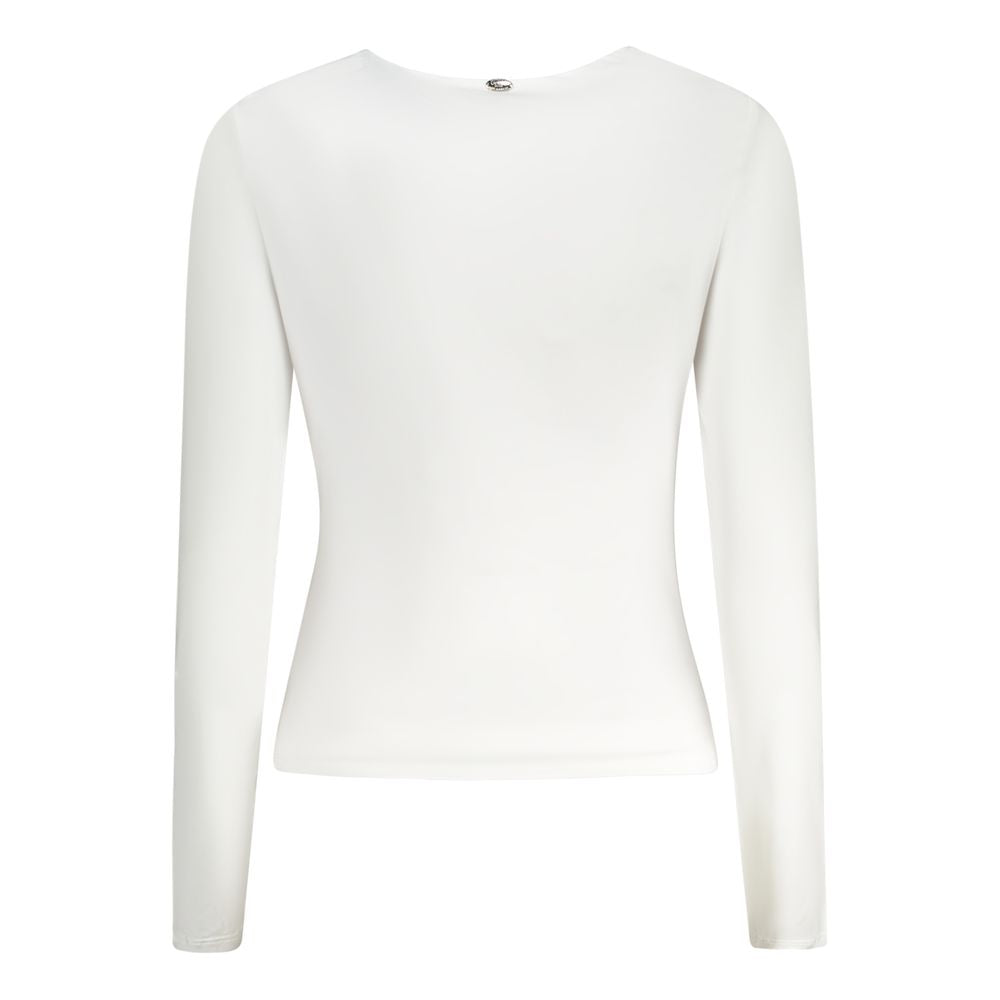 Back view of Guess Jeans White Polyester Women T-Shirt showcasing long sleeves and crew neck design.