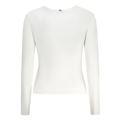 Back view of Guess Jeans White Polyester Women T-Shirt showcasing long sleeves and crew neck design.