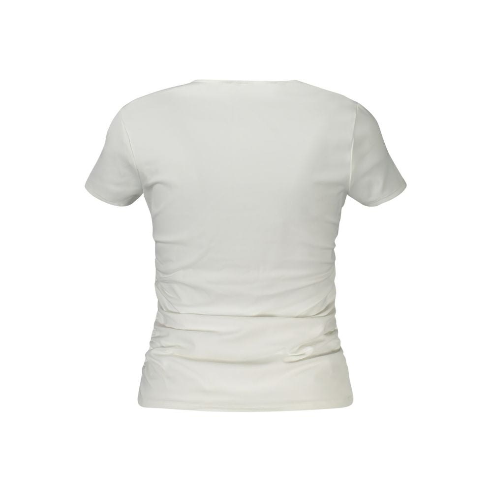 Back view of Guess Jeans White Spandex Women T-Shirt with short sleeves and wide neckline, showcasing classic, chic fashion style.