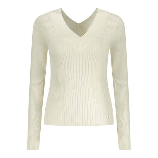 Guess Jeans White Viscose Sweater with long sleeves, V-neck, contrasting details, and logo.
