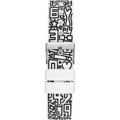 Guess Multicolor Resin Bracelet Watch with white and black graphic design on the strap, featuring a stainless steel buckle closure.