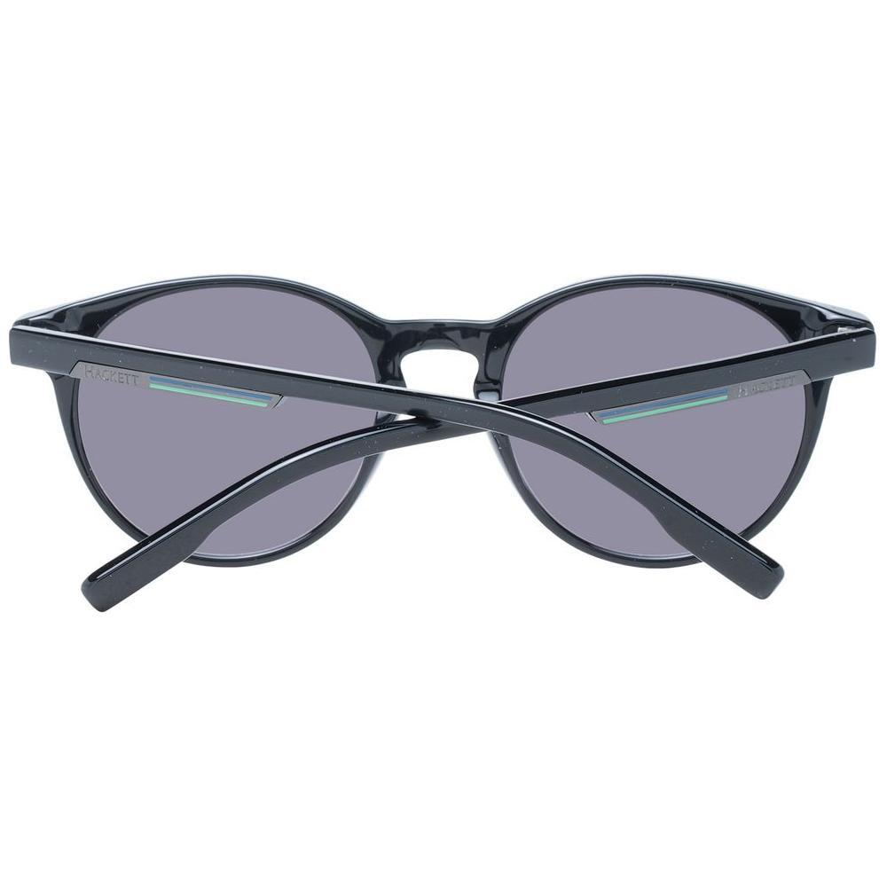 Hackett Black Men Sunglass with black acetate frame, grey plastic lenses, and 100% UVA & UVB protection. Size 53-21-145, round full-rim style.