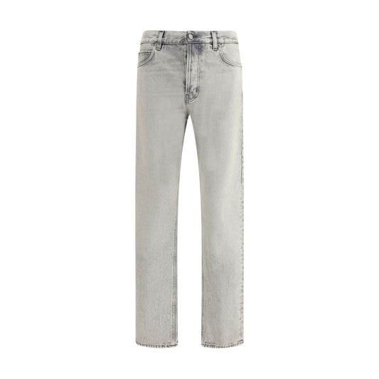 Haikure Light Blue Cotton Straight-Leg Jeans featuring five-pocket design, rivets, custom buttons, and zip closure, 100% cotton.