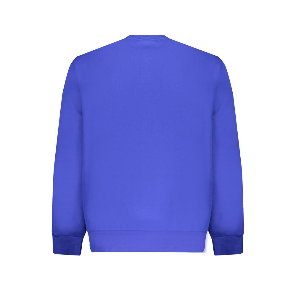 Harmont & Blaine Blue Cotton Men Sweater, crew neck long sleeve with rich blue color and embroidered logo on the back view.