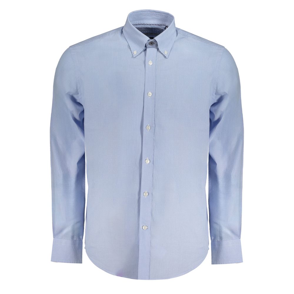 Harmont & Blaine Light Blue Cotton Men Shirt with button-down collar and checked long sleeves.