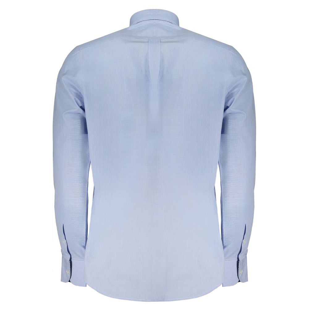 Harmont & Blaine Light Blue Cotton Men Shirt rear view with button-down collar, long sleeves, and classic fit. Ideal for sophisticated style.