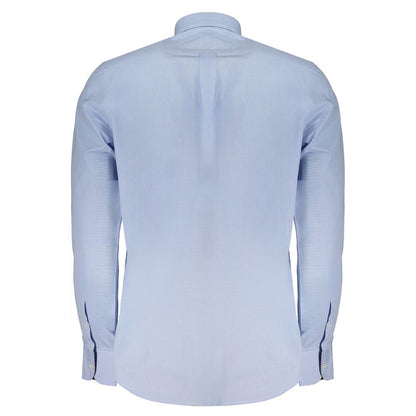 Harmont & Blaine Light Blue Cotton Men Shirt rear view with button-down collar, long sleeves, and classic fit. Ideal for sophisticated style.