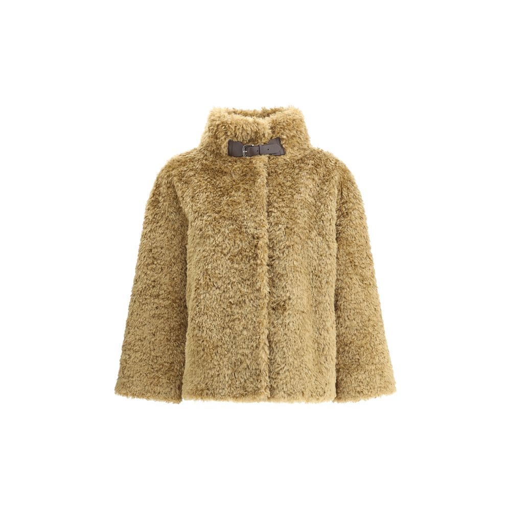 Herno Beige Polyester Coat with eco-friendly fur, high collar, and adjustable leather buckle for sustainable elegance.