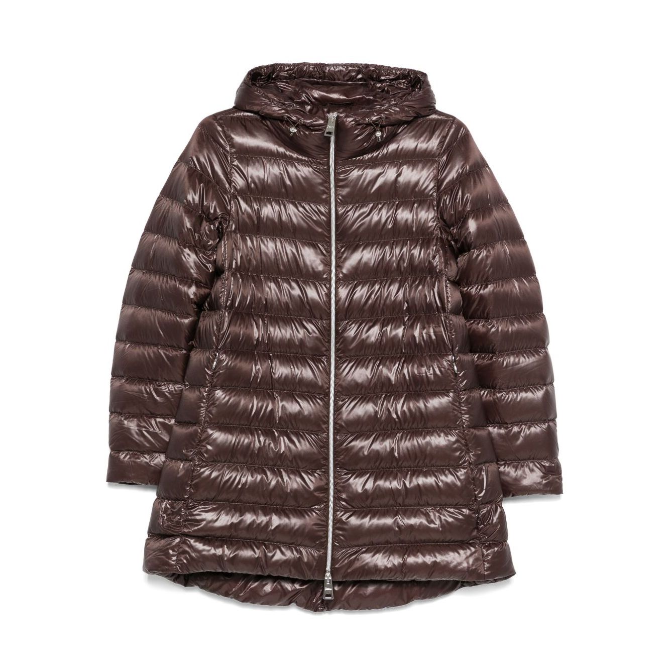 Herno Coats Brown chocolate down jacket with high-shine finish, two-way zip, drawstring hood, and side pockets.