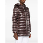 Herno Coats Brown - Chocolate brown midi down jacket with high-shine finish, two-way zip, drawstring hood, and zip-fastening pockets.