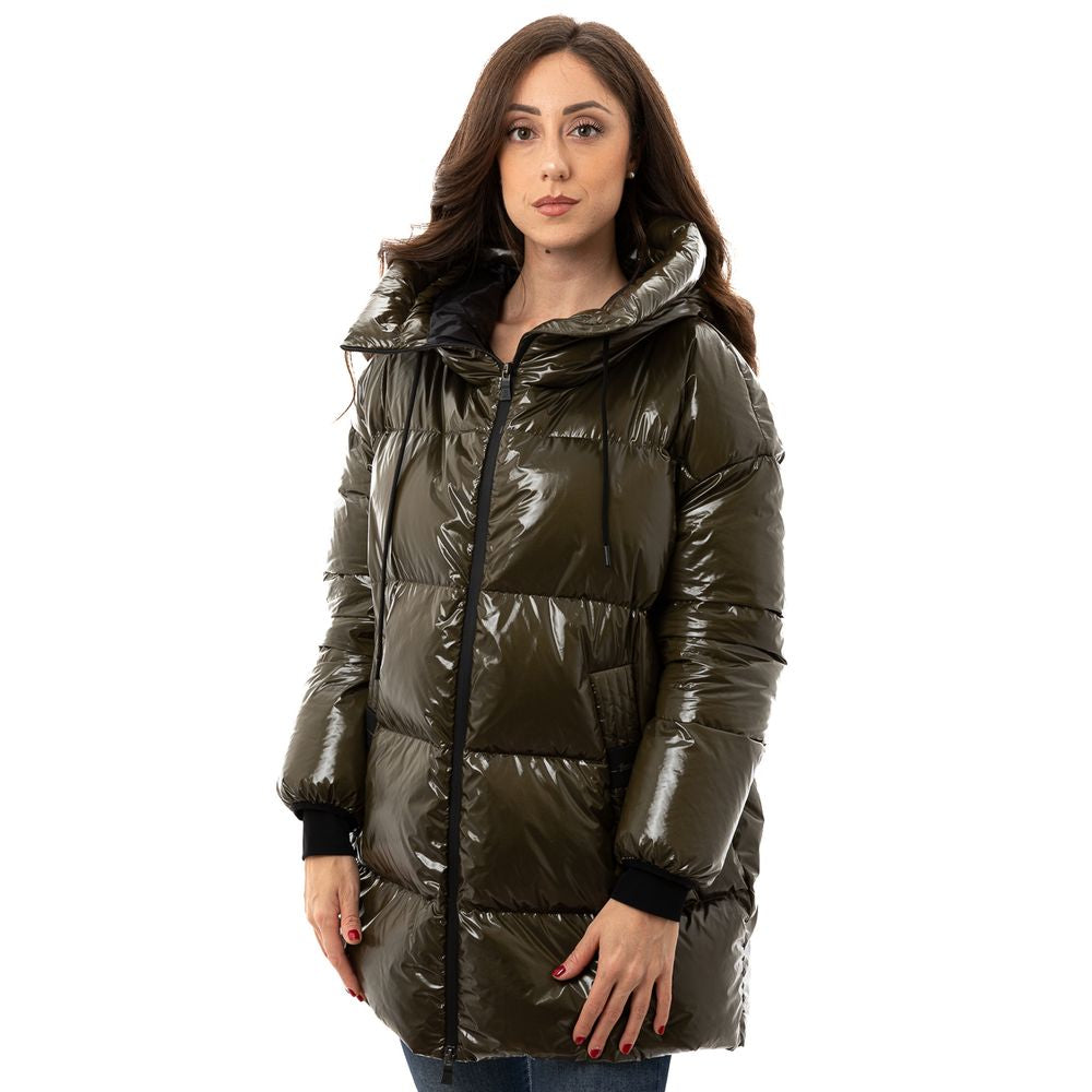 Woman wearing Herno Green Polyamide Parka, dark green hooded padded jacket with zipper closure and side pockets.