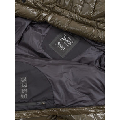 Interior view of Herno Green Polyamide Parka showing dark green padded lining and Herno label.