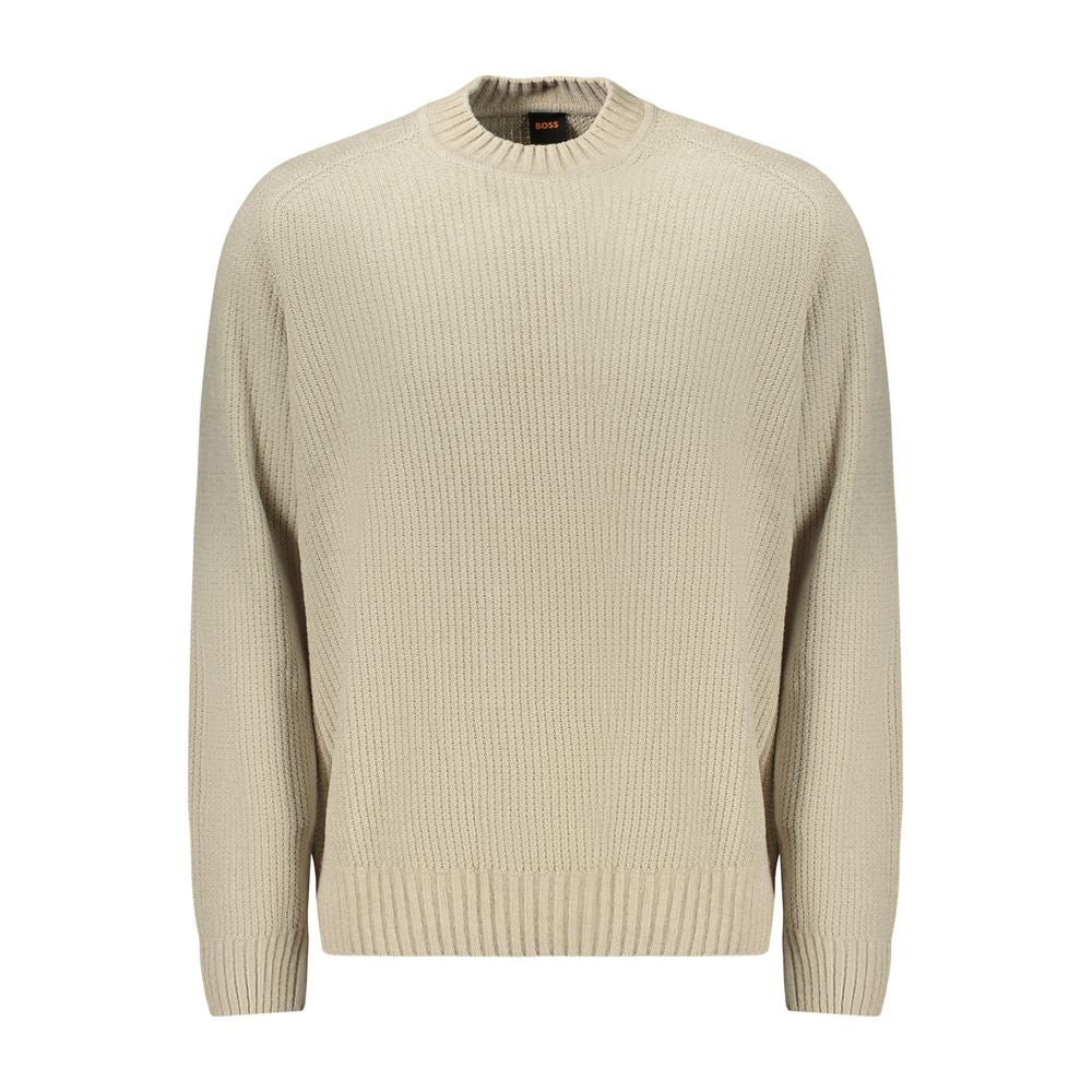 Hugo Boss Beige Cotton Sweater with long sleeves, crew neck, and chenille texture. Features iconic Hugo Boss logo.