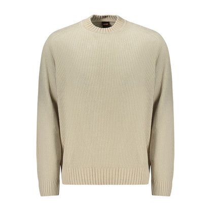 Hugo Boss Beige Cotton Sweater with long sleeves, crew neck, and chenille texture. Features iconic Hugo Boss logo.