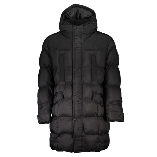 Hugo Boss Black Polyamide Men Jacket with hood, long sleeves, and multiple pockets for secure essentials, featuring the iconic logo.