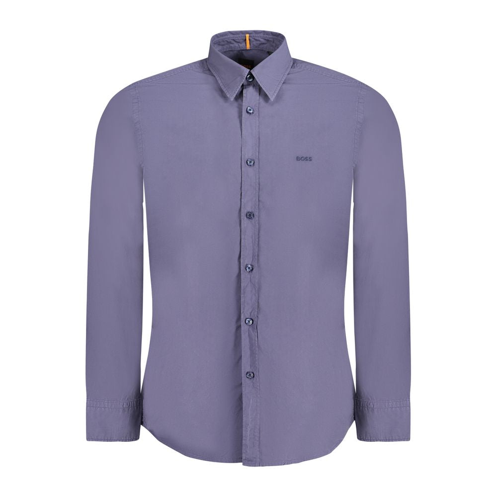 Hugo Boss Blue Cotton Men Shirt with Italian collar and 1-button cuffs, perfect for a refined look.