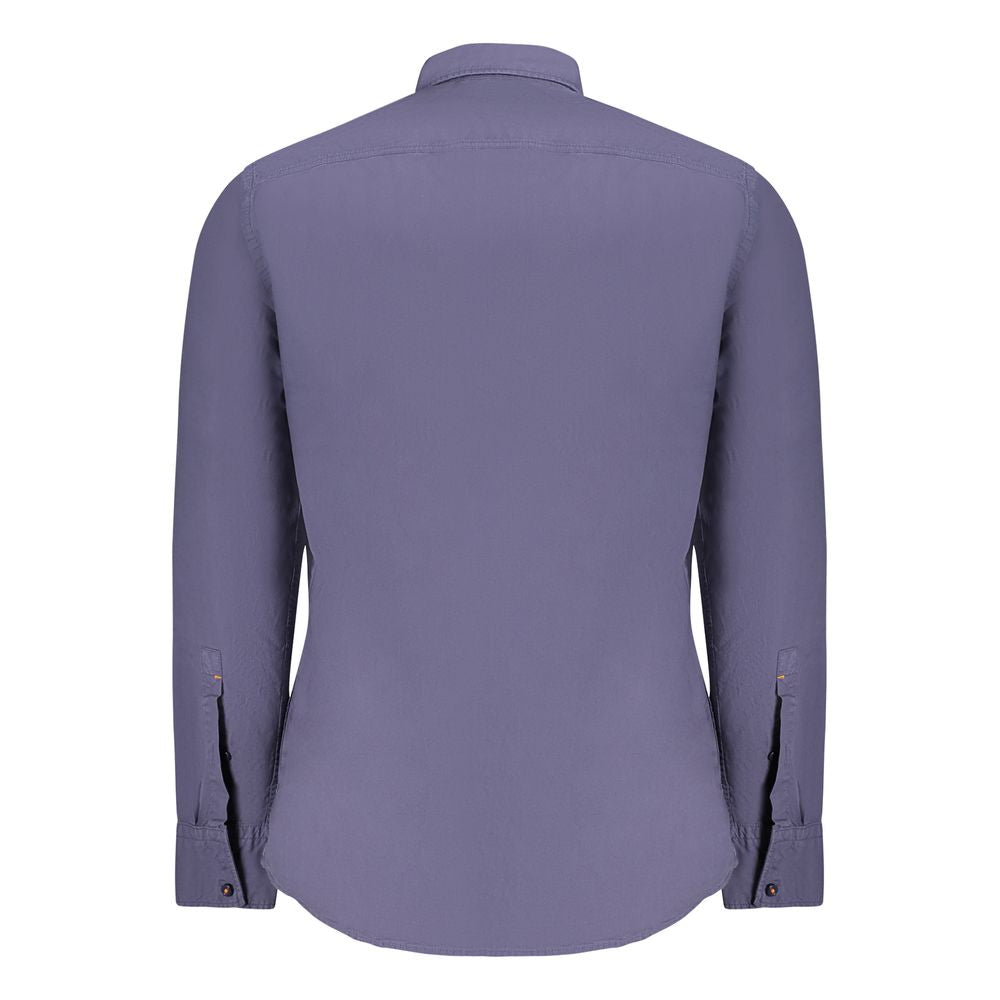 Hugo Boss Blue Cotton Men Shirt with Italian collar and 1-button cuffs, back view showcasing sleek sophistication and luxury detail.