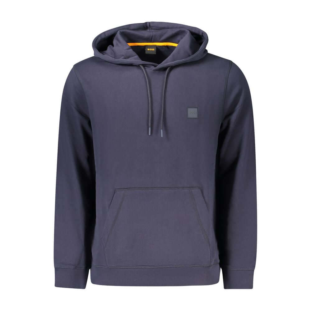 Hugo Boss Blue Cotton Men Sweater with hood and central pocket, featuring embroidery and applique details for a stylish casual look.