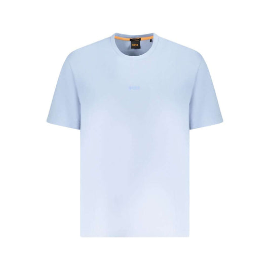 Hugo Boss Blue Cotton Men T-Shirt with logo, crew neck, short sleeves, relaxed fit, organic cotton elastane blend for comfort and style.