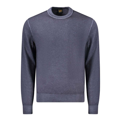 Hugo Boss Blue Wool Sweater with long sleeves, crew neck, and embroidered logo.