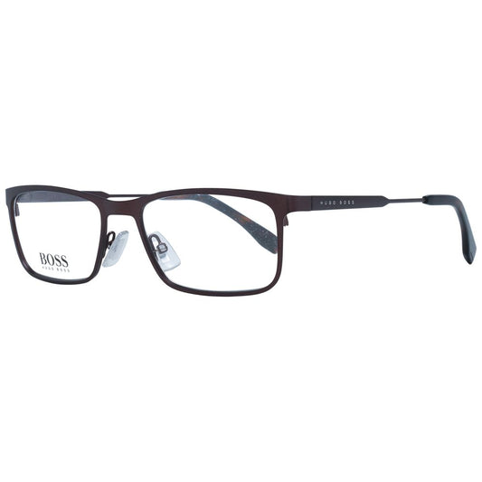 Hugo Boss Brown Men Glasses Frame in stainless steel, full-rim rectangle style with demo lenses. Includes branded case. Size 53-17-145.