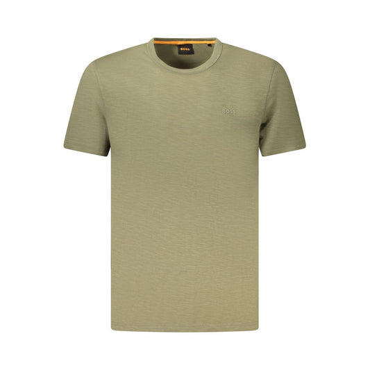 Hugo Boss Green Cotton Men T-Shirt with crew neck and Hugo Boss logo, premium quality short-sleeve design for style and comfort.