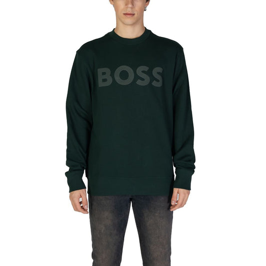 Hugo Boss Green Cotton Sweatshirt with BOSS logo, men's crew neck, minimalist design, regular fit.
