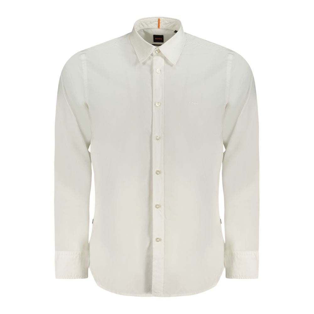 Hugo Boss White Cotton Men Shirt with Italian collar and logo embroidery, showcasing elegant craftsmanship and modern silhouette.