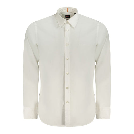 Hugo Boss White Cotton Men Shirt with Italian collar and subtle logo embroidery, tailored for a modern silhouette with 1-button cuffs.
