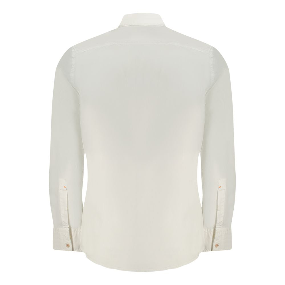 Back view of Hugo Boss White Cotton Men Shirt with Italian collar and 1-button cuffs, showcasing modern elegance and subtle logo embroidery.