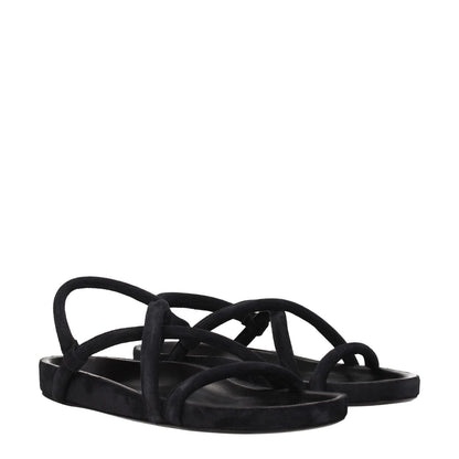 Isabel Marant Black Leather Flat Sandals with open toe and vintage effect, casual suede design, low heel, MPN SD0004HAA1B08N01BK