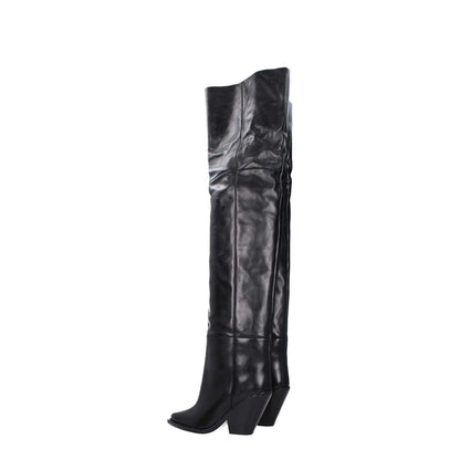 Isabel Marant Black Leather Over The Knee boots, square toe, high heel, 9.5 cm, casual style, MPN CD0007FAA4A23S01BK.